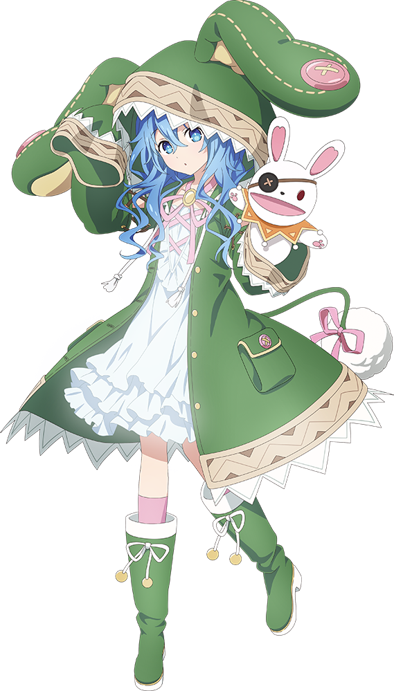 1girl :o blue_eyes blue_hair boots date_a_live dress eyepatch frilled_dress frills full_body green_footwear green_hoodie hand_puppet hood hoodie long_sleeves looking_at_viewer official_art pom_pom_(clothes) puppet rabbit_puppet solo transparent_background wide_sleeves yoshino_(date_a_live) yoshinon