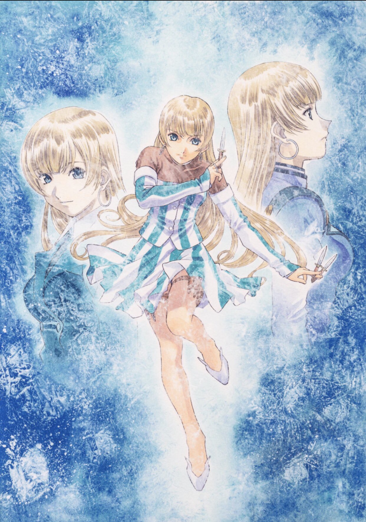 3girls bare_legs blonde_hair blue_background blue_necktie blue_suit blunt_bangs buttons collar collarbone detached_sleeves double-breasted dual_persona earrings full_body highres holding holding_knife hoop_earrings jacket jewelry knife light_smile long_hair long_sleeves looking_ahead looking_at_viewer matsubara_hidenori military_uniform multiple_girls necktie no_socks nose official_art parted_lips ratchet_altair sakura_taisen sakura_taisen_v see-through skirt solo_focus striped_clothes striped_jacket striped_skirt suit thigh_strap throwing_knife traditional_media uniform vertical-striped_clothes vertical-striped_jacket vertical-striped_skirt vertical-striped_sleeves very_long_hair weapon white_collar white_footwear
