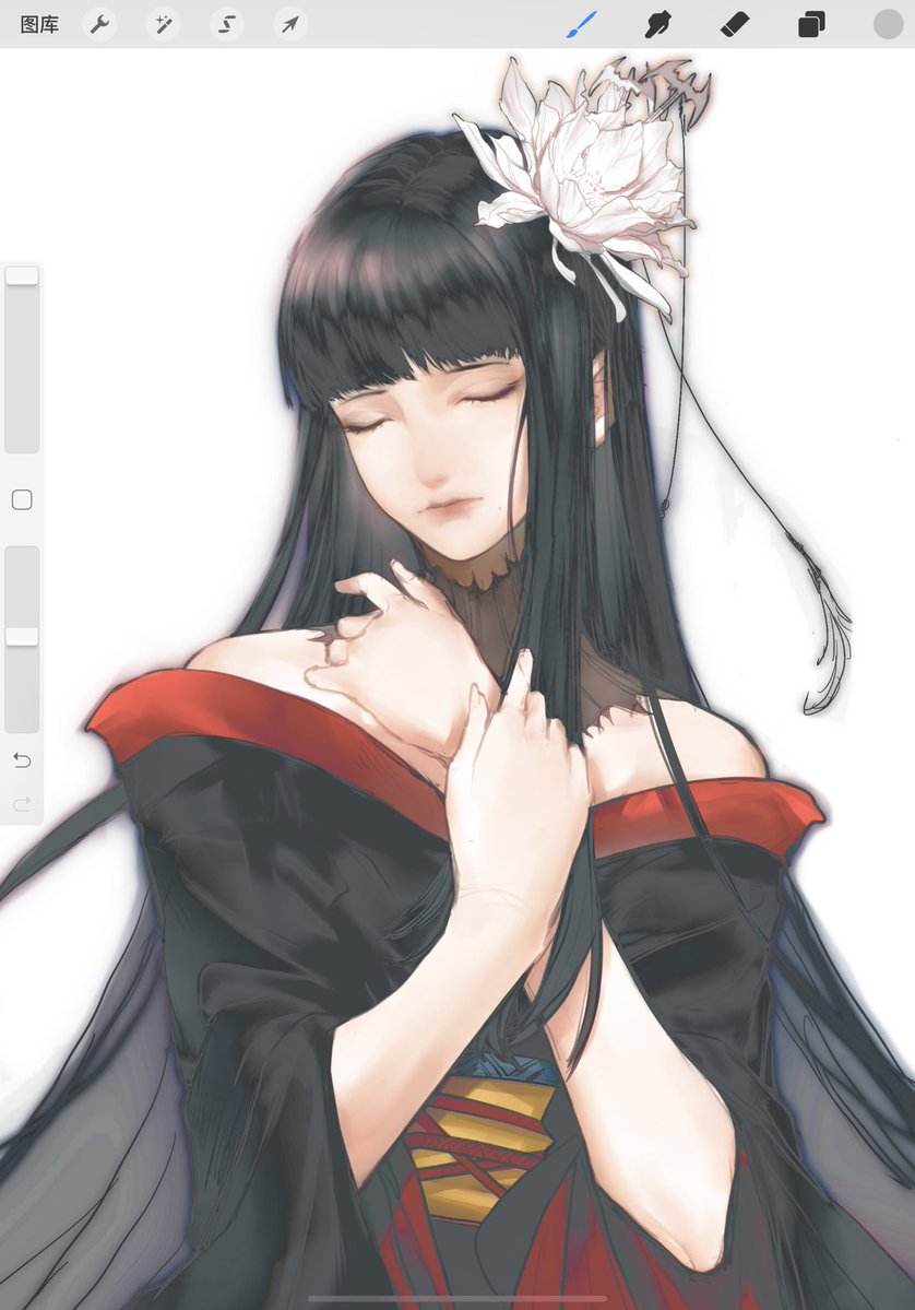 1girl art_program_in_frame bad_id bad_twitter_id bare_shoulders bat_hair_ornament black_hair black_kimono blunt_bangs chinese_commentary closed_eyes commentary_request expressionless facing_viewer final_fantasy final_fantasy_xiv flower hair_flower hair_ornament hair_stick hands_on_own_chest hands_up hyur japanese_clothes kimono long_hair obi obiage obijime off_shoulder red_trim sash solo straight_hair unfinished upper_body white_flower yotsuyu_goe_brutus zhaoyang2002