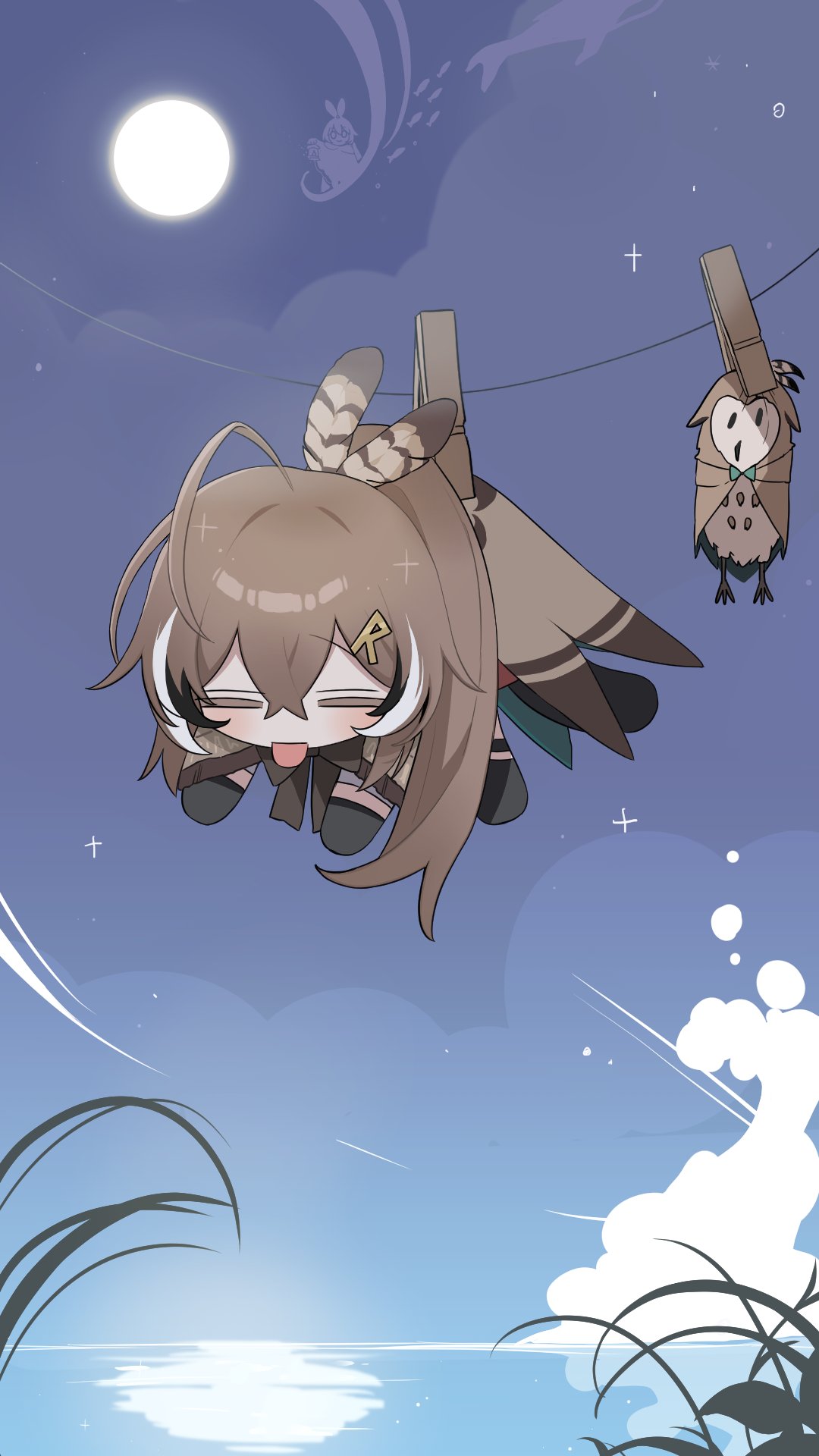 1girl ahoge brown_cape brown_cloak brown_hair cape cloak closed_eyes clothes_pin clothesline feather_hair_ornament feathers gloves hair_ornament hairclip hanging highres hololive hololive_english hooman_(nanashi_mumei) long_hair multicolored_hair mumei_(song)_(hololive) nanashi_mumei nanashi_mumei_(1st_costume) ponytail school_of_fish sky star_(sky) starry_sky streaked_hair tongue tongue_out very_long_hair virtual_youtuber water whale xx_tk9