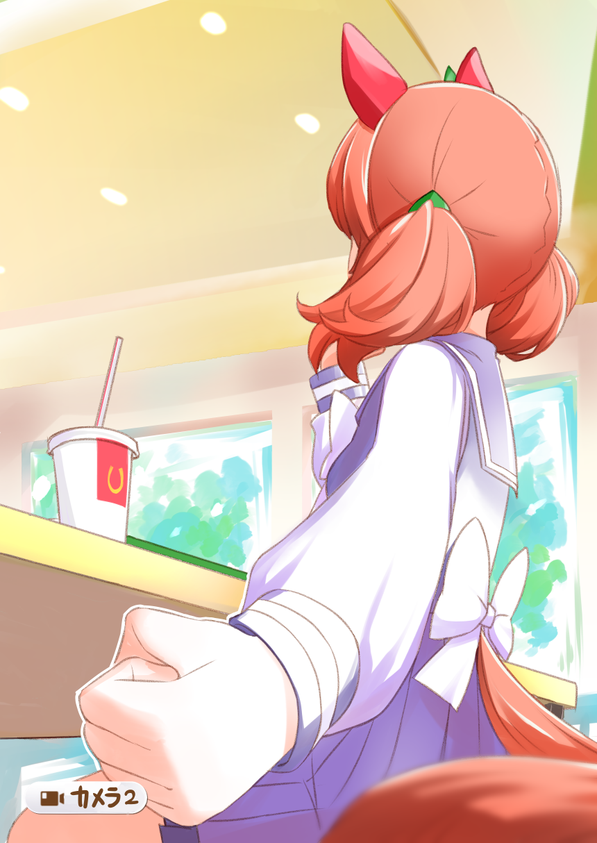1girl animal_ears back_bow blurry blurry_foreground bow bowtie brown_hair clenched_hand commentary cup depth_of_field disposable_cup ear_covers foreshortening hair_tie highres horse_ears horse_girl horse_tail indoors long_sleeves maboroshineko medium_hair miniskirt nice_nature_(umamusume) pleated_skirt purple_bow purple_bowtie purple_sailor_collar purple_shirt purple_skirt sailor_collar school_uniform serafuku shirt sitting skirt solo table tail tracen_school_uniform translated twintails umamusume white_bow white_bowtie window winter_uniform