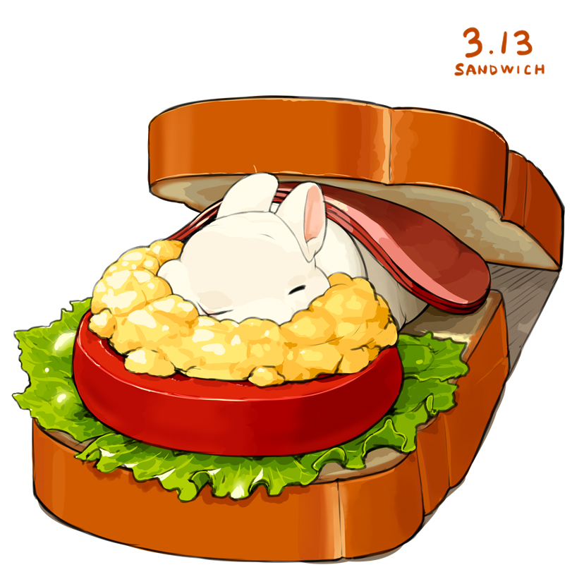 animal_focus bread bread_slice commentary dated egg_(food) english_text food food_focus lettuce lilac_(p-f_easy) no_humans original rabbit scrambled_egg simple_background sliced_meat tomato tomato_slice white_background white_fur