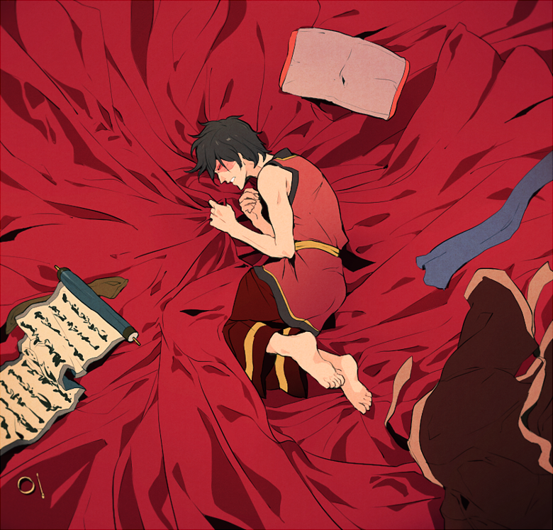 1boy avatar:_the_last_airbender avatar_legends bare_shoulders barefoot bed black_hair from_above full_body lying male_focus on_back on_side pants red_pants red_shirt scar scar_on_face scroll shirt short_hair sleeveless sleeveless_shirt soles solo t_k_g toes zuko