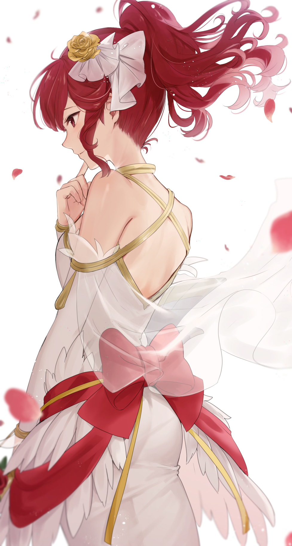 1girl anna_(bridal)_(fire_emblem) anna_(fire_emblem) backless_dress backless_outfit bare_shoulders closed_mouth detached_sleeves dress fire_emblem fire_emblem_awakening fire_emblem_heroes floating_hair from_behind hair_ornament haru_(nakajou-28) highres index_finger_raised long_hair official_alternate_costume petals ponytail profile red_eyes redhead see-through sidelocks simple_background smile solo wedding_dress white_background