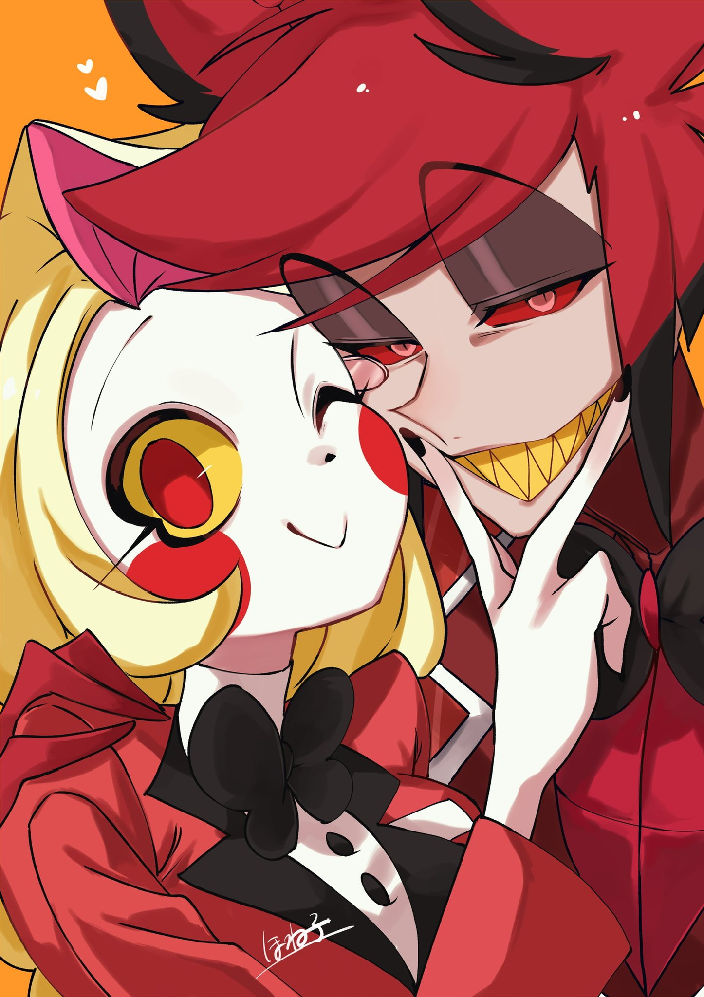 1boy 1girl alastor_(hazbin_hotel) black_hair blonde_hair charlie_morningstar colored_sclera commentary_request formal grin hand_on_another's_face hand_on_another's_shoulder hazbin_hotel highres honeko_06 long_hair multicolored_hair one_eye_closed red_eyes red_sclera redhead short_hair smile suit upper_body yellow_sclera