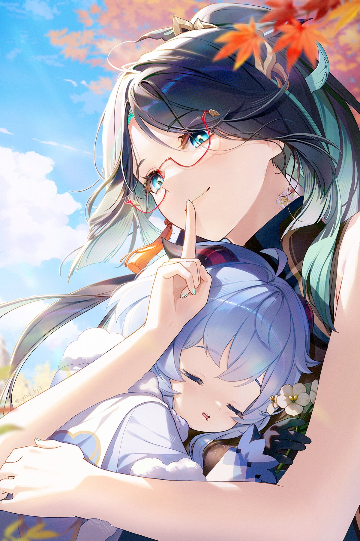 2girls aged_down ahoge aqua_eyes bare_arms bare_shoulders black_gloves blue_hair chinese_clothes chinese_hairpin closed_eyes closed_mouth clouds commentary_request drooling flower ganyu_(genshin_impact) genshin_impact glasses gloves goat_horns highres horns index_finger_raised leaf multicolored_hair multiple_girls open_mouth outdoors qingxin_flower red-framed_eyewear semi-rimless_eyewear sky sleeping sylpi two-tone_hair xianyun_(genshin_impact)