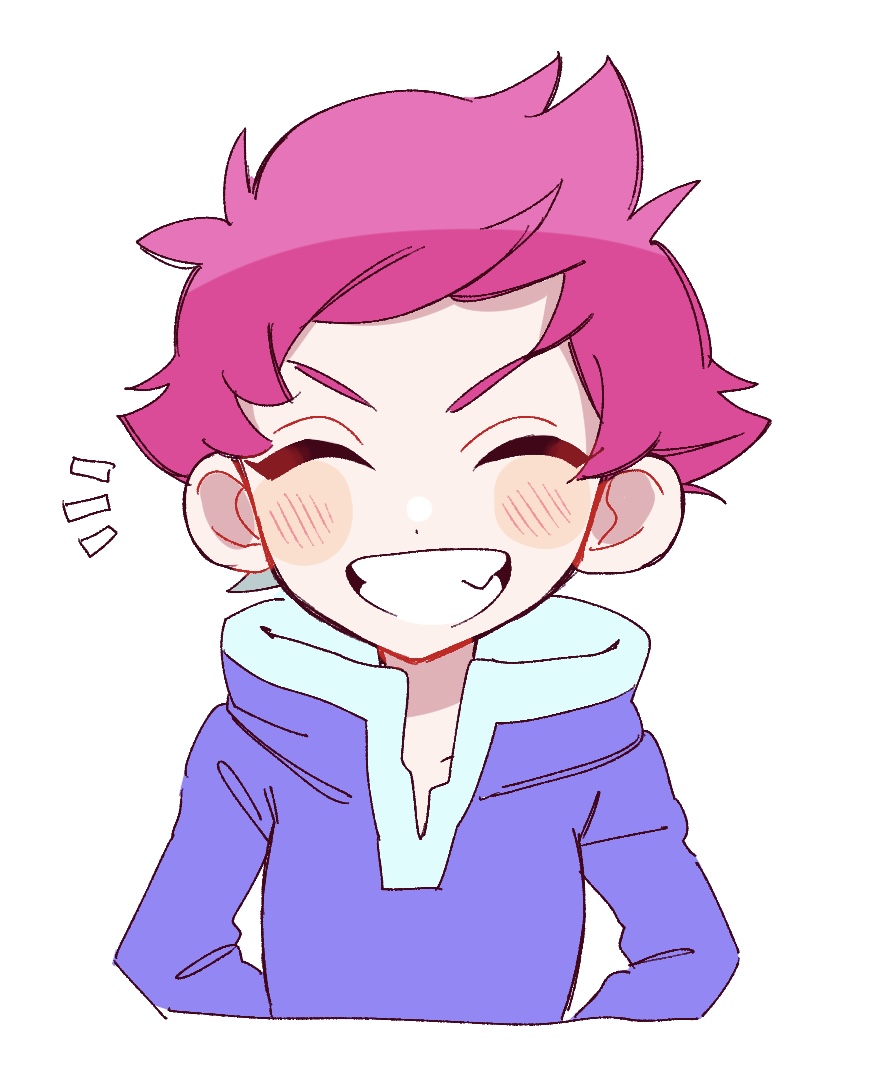 1girl blue_hood blush blush_stickers closed_mouth cyappy1022 grin happy hood hoodie kumatora looking_at_viewer mother_(game) mother_3 pink_eyebrows pink_hair short_hair smile solo upper_body