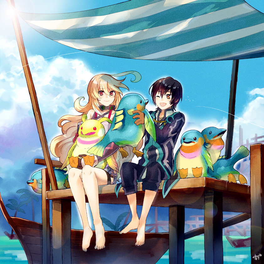 1boy ahoge barefoot blonde_hair blue_sky blush boat brown_gloves brown_hair choker clouds coat creature dyed_ahoge full_body gloves gradient_hair hair_between_eyes harbor houhou_(black_lack) jude_mathis long_hair looking_at_another milla_maxwell multicolored_hair one_eye_closed open_mouth palm_tree pants pants_rolled_up pink_eyes short_hair signature sky smile strapless summer sun sunlight tales_of_(series) tales_of_xillia thigh_strap tree tube_top water watercraft wavy_hair yellow_eyes