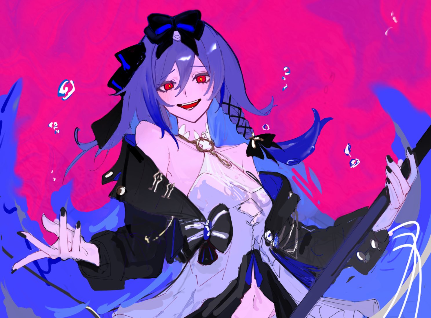 1girl :d bare_shoulders black_bow black_jacket black_nails black_ribbon blue_hair blush bow braid collarbone cropped_jacket dress eyelashes fingernails floating_hair fu_hua fu_hua_(herrscher_of_sentience) fu_hua_(turn_up_the_music!)_(herrscher_of_sentience) grey_hair hair_between_eyes hair_bow hair_ribbon hands_up holding holding_weapon honkai_(series) honkai_impact_3rd jacket long_hair long_sleeves looking_at_viewer multicolored_background multicolored_hair nail_polish navel official_alternate_costume open_clothes open_jacket open_mouth pink_background purple_background raised_eyebrows red_eyes ribbon sho_2nini side_braid sidelocks simple_background single_braid sleeve_cuffs sleeveless sleeveless_dress smile solo streaked_hair teeth upper_body very_long_hair weapon white_dress