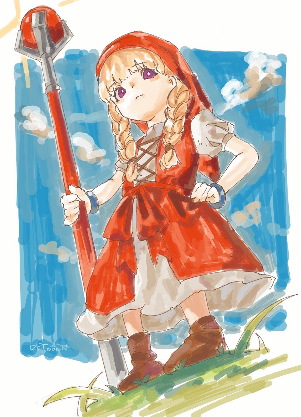 1girl artist_name black_footwear blonde_hair blunt_bangs braid bright_pupils closed_mouth clouds dragon_quest dragon_quest_xi dress full_body grass hand_on_own_hip hat highres holding holding_staff long_hair looking_at_viewer oftooon red_dress red_hat shoes signature sketch sky solo staff twin_braids veronica_(dq11) violet_eyes white_pupils