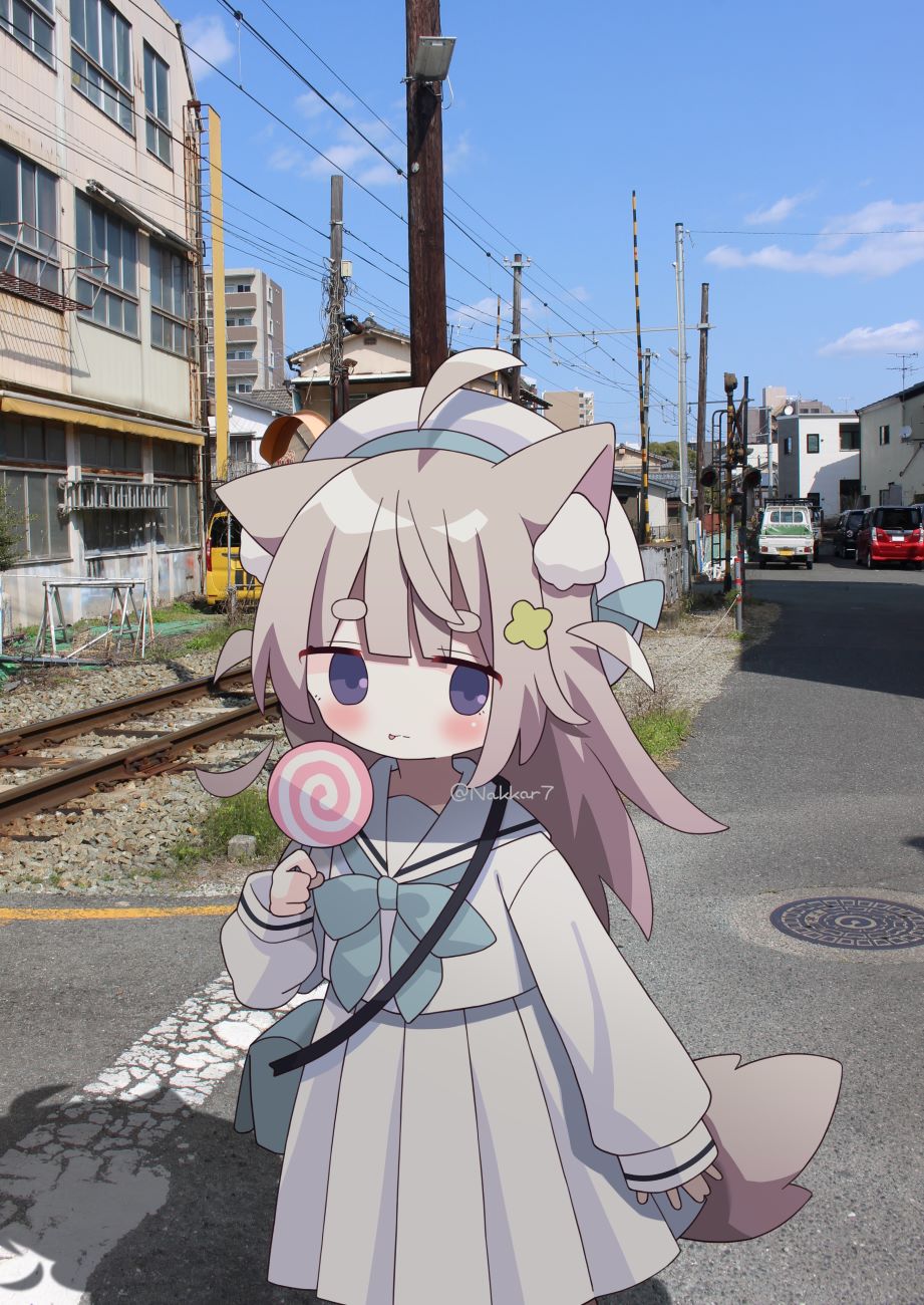 1girl ahoge animal_ear_fluff animal_ears bag beret blue_bow blue_sky bow brown_hair candy car closed_mouth clouds commentary_request day food hat highres holding holding_candy holding_food holding_lollipop lollipop long_hair long_sleeves motor_vehicle nakkar original outdoors photo_background pleated_skirt power_lines puffy_long_sleeves puffy_sleeves railroad_tracks sailor_collar school_uniform serafuku shirt short_eyebrows shoulder_bag skirt sky sleeves_past_wrists solo swirl_lollipop tail thick_eyebrows tongue tongue_out utility_pole violet_eyes white_hat white_sailor_collar white_serafuku white_shirt white_skirt