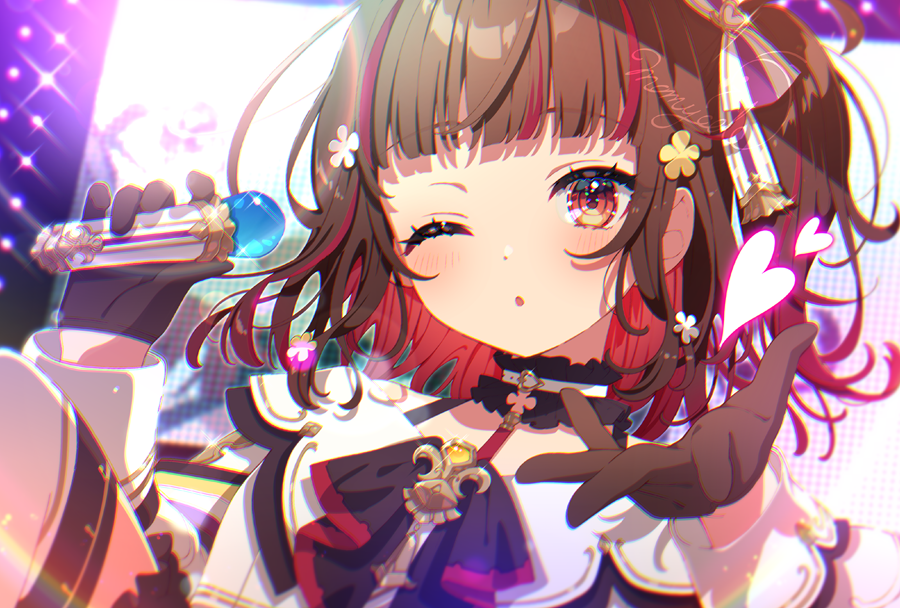 1girl ;o black_choker black_gloves blunt_bangs blush brown_eyes brown_hair choker concert flower frilled_choker frills gloves hair_flower hair_ornament heart holding holding_microphone idol idol_clothes looking_at_viewer mamyouda microphone multicolored_hair one_eye_closed original redhead solo sparkle stage stage_lights streaked_hair two-tone_hair