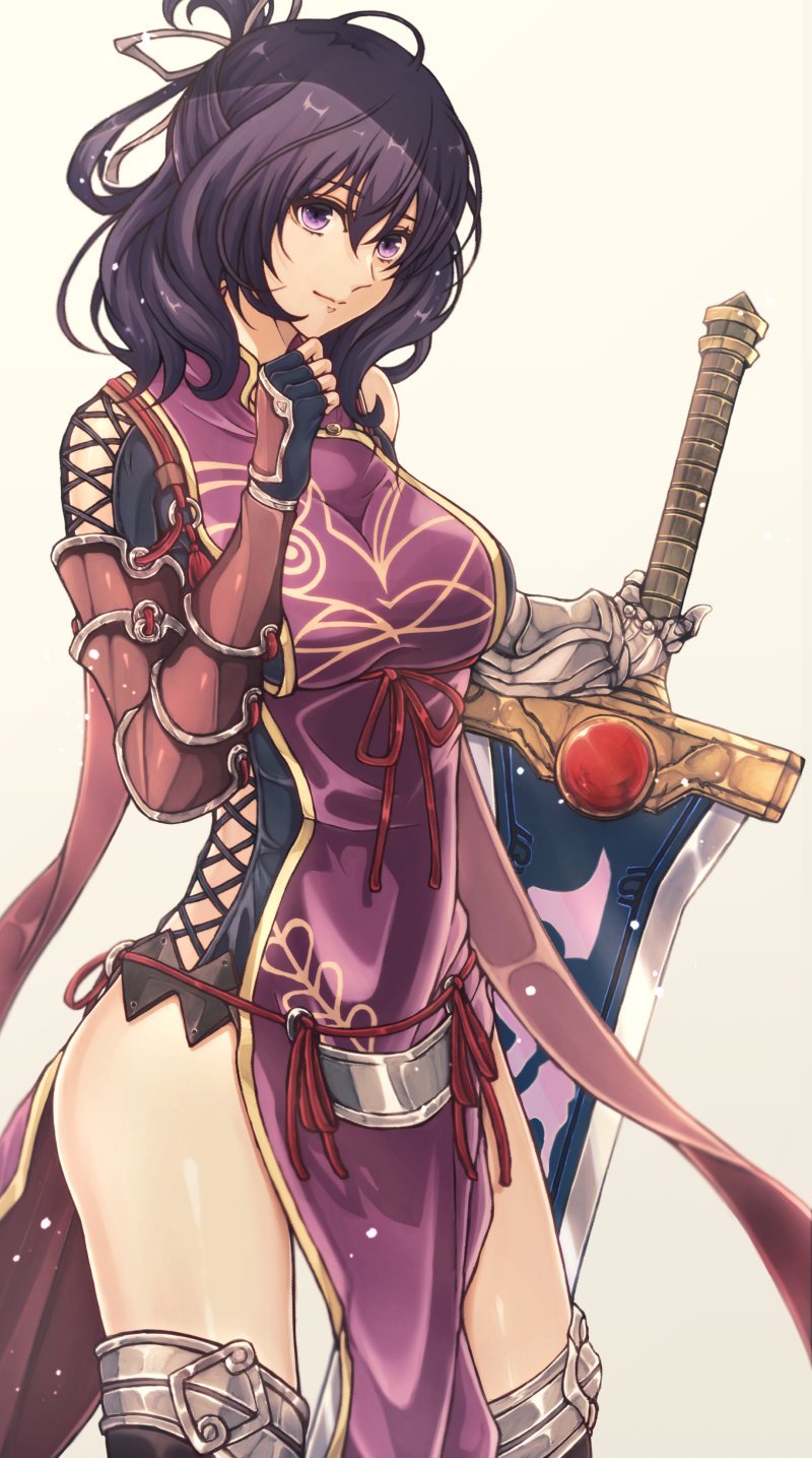 1girl ao_no_kiseki bow-shaped_hair breasts dress eiyuu_densetsu floating_clothes gauntlets half_updo highres holding holding_sword holding_weapon huge_breasts huge_weapon looking_at_viewer purple_hair rixia_mao sidelocks simple_background single_arm_guard smile solo sword violet_eyes weapon white_background yukiko_(leovioykk) zero_no_kiseki