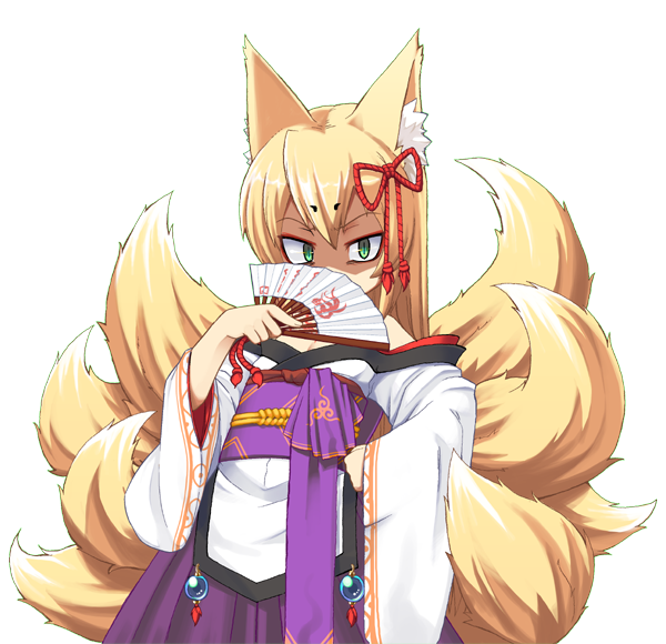 1girl animal_ear_fluff animal_ears bare_shoulders blonde_hair bmp-to-png_conversion constricted_pupils cowboy_shot eyeshadow folding_fan fox_ears fox_girl fox_tail game_cg green_eyes hair_between_eyes hakama hakama_skirt hand_fan hand_on_own_hip holding holding_fan japanese_clothes jingai_modoki kimono kitsune lolibaba long_hair looking_at_viewer makeup mon-musu_quest! monster_girl multiple_tails non-web_source obi partially_shaded_face print_folding_fan purple_hakama purple_sash red_eyeshadow sash serious simple_background skirt slit_pupils solo tail tamamo_(mon-musu_quest!) transparent_background v-shaped_eyebrows white_kimono wide_sleeves