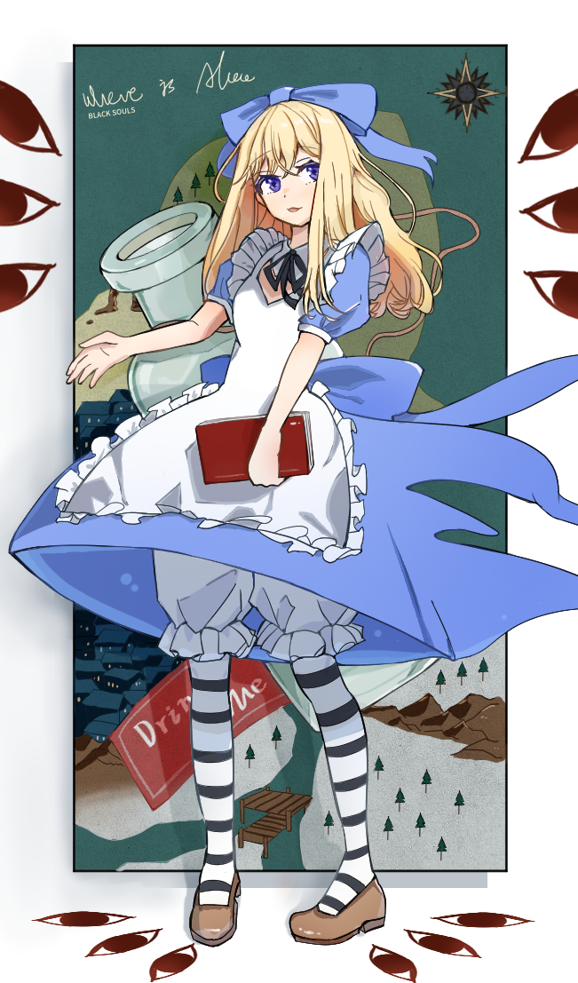 1girl alice_(black_souls) apron black_ribbon black_souls blonde_hair bloomers blue_bow blue_eyes bow brown_footwear compass_rose drink_me_potion frilled_apron frills full_body hair_bow long_hair looking_to_the_side neck_ribbon parted_lips puffy_short_sleeves puffy_sleeves ribbon shoes short_sleeves sidelocks solo striped_clothes striped_thighhighs thigh-highs white_apron white_bloomers zi_cha_mo_xue