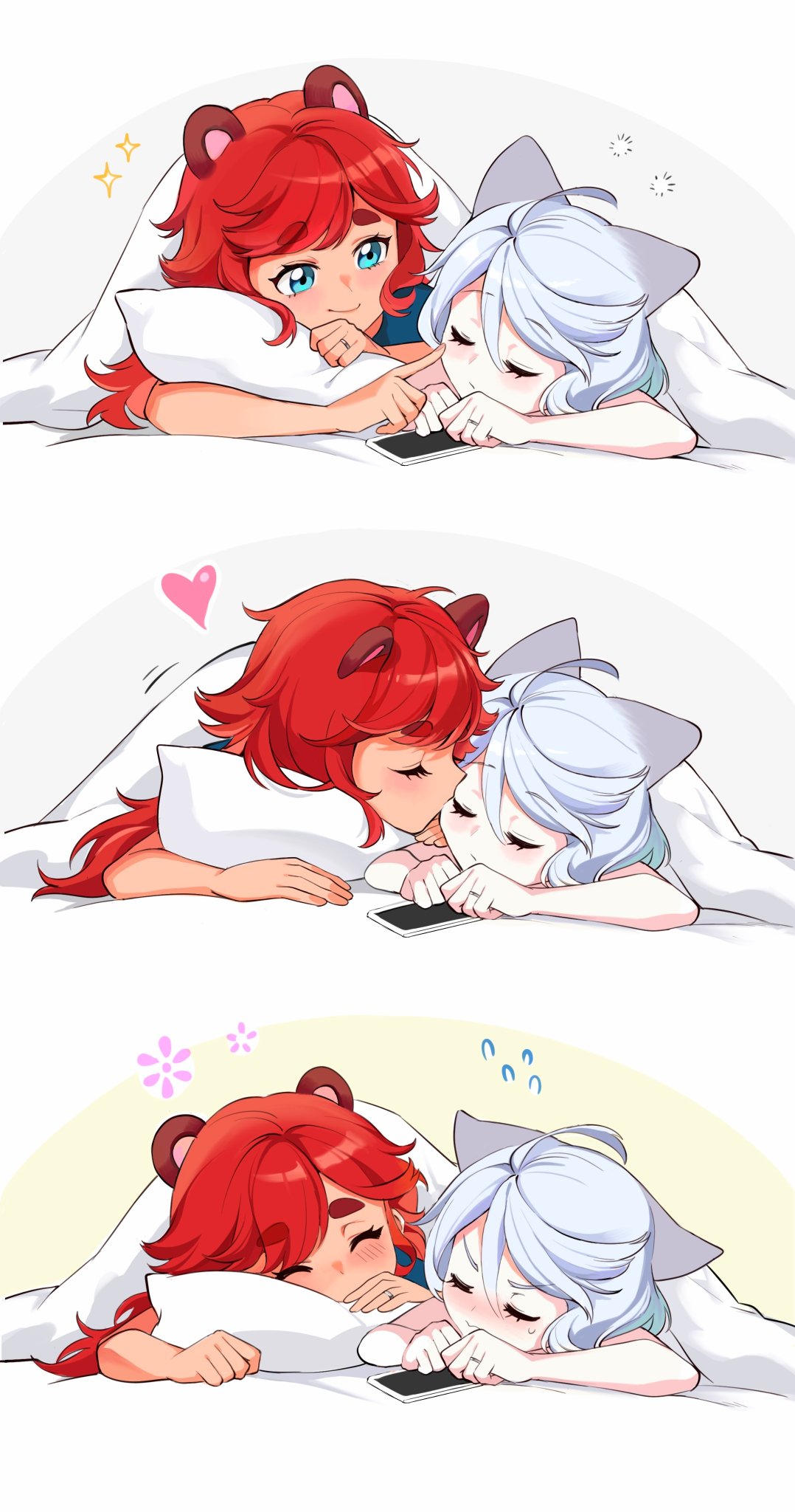 2girls animal_ears bai_xin blue_eyes blush cat_ears cellphone closed_eyes closed_mouth commentary flying_sweatdrops gundam gundam_suisei_no_majo heart highres kemonomimi_mode kiss kissing_cheek long_hair looking_at_another lying miorine_rembran multiple_girls on_stomach phone pillow raccoon_ears redhead smartphone smile suletta_mercury sweatdrop thick_eyebrows under_covers v-shaped_eyebrows white_hair yuri