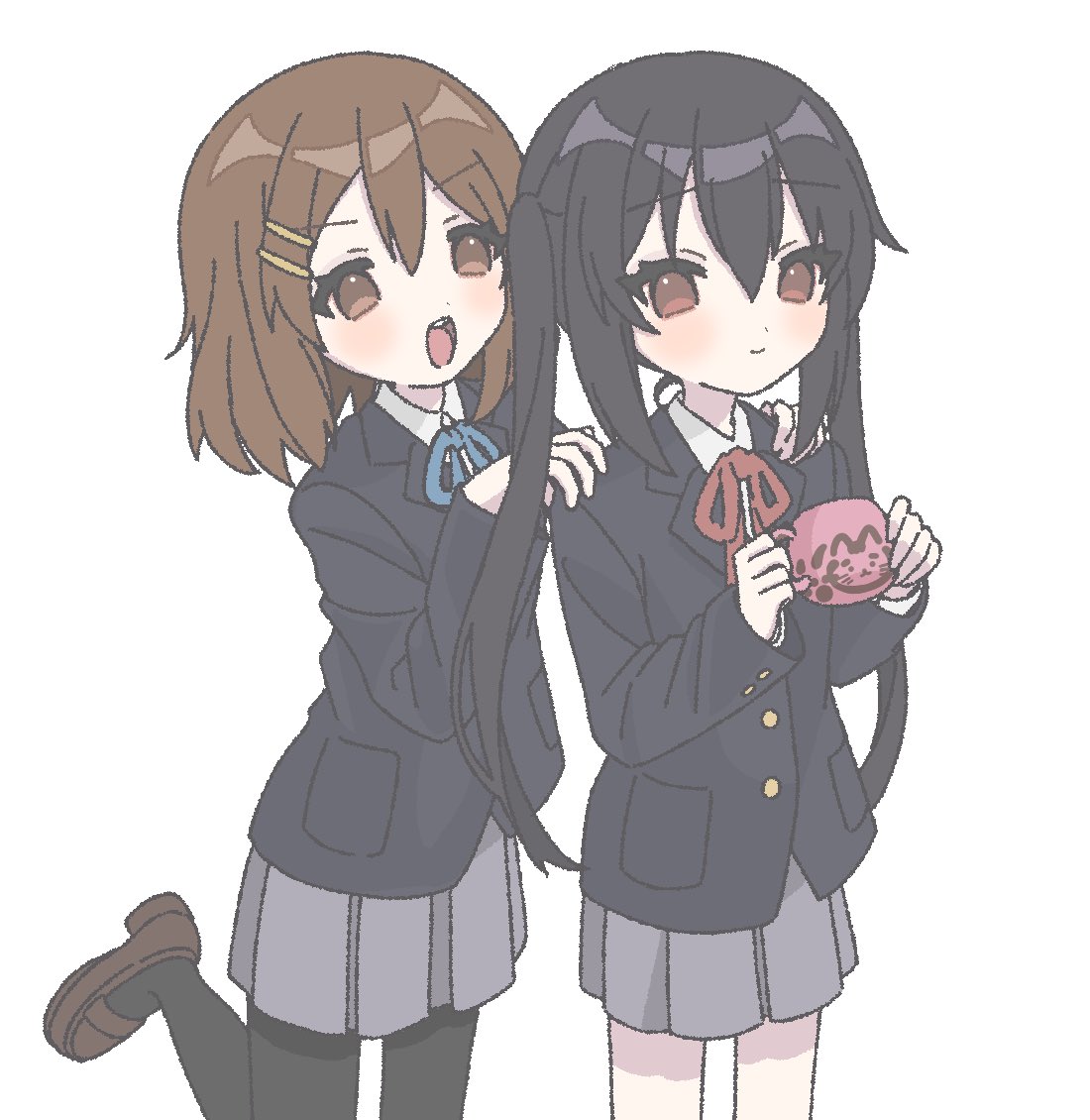 2girls :d black_hair black_jacket black_pantyhose blazer blue_ribbon brown_eyes brown_footwear brown_hair closed_mouth cup grey_skirt hair_ornament hairclip hands_on_another's_shoulders hirasawa_yui holding holding_cup jacket k-on! loafers long_hair looking_at_viewer multiple_girls nakano_azusa nanonome neck_ribbon pantyhose pleated_skirt red_ribbon ribbon sakuragaoka_high_school_uniform school_uniform shoes short_hair simple_background skirt smile standing teeth tongue twintails upper_teeth_only white_background winter_uniform