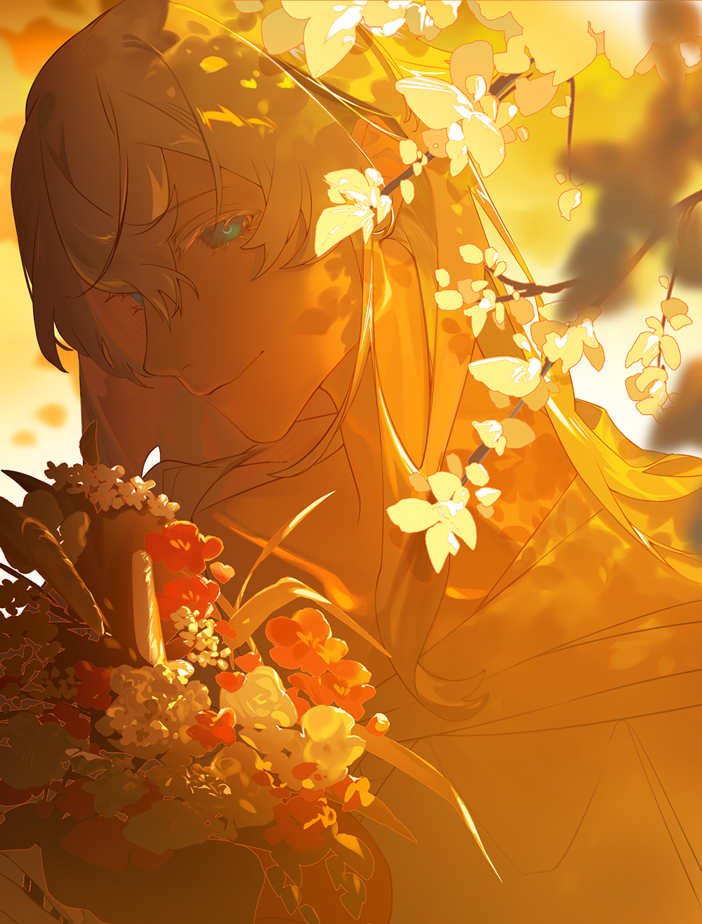 1boy androgynous bishounen blonde_hair blue_eyes bouquet branch commentary dappled_sunlight english_commentary final_fantasy final_fantasy_xiv flower from_side hair_between_eyes highres holding holding_bouquet looking_at_viewer male_focus medium_hair nokto outdoors portrait red_flower smile solo sunlight themis_(ff14) white_flower
