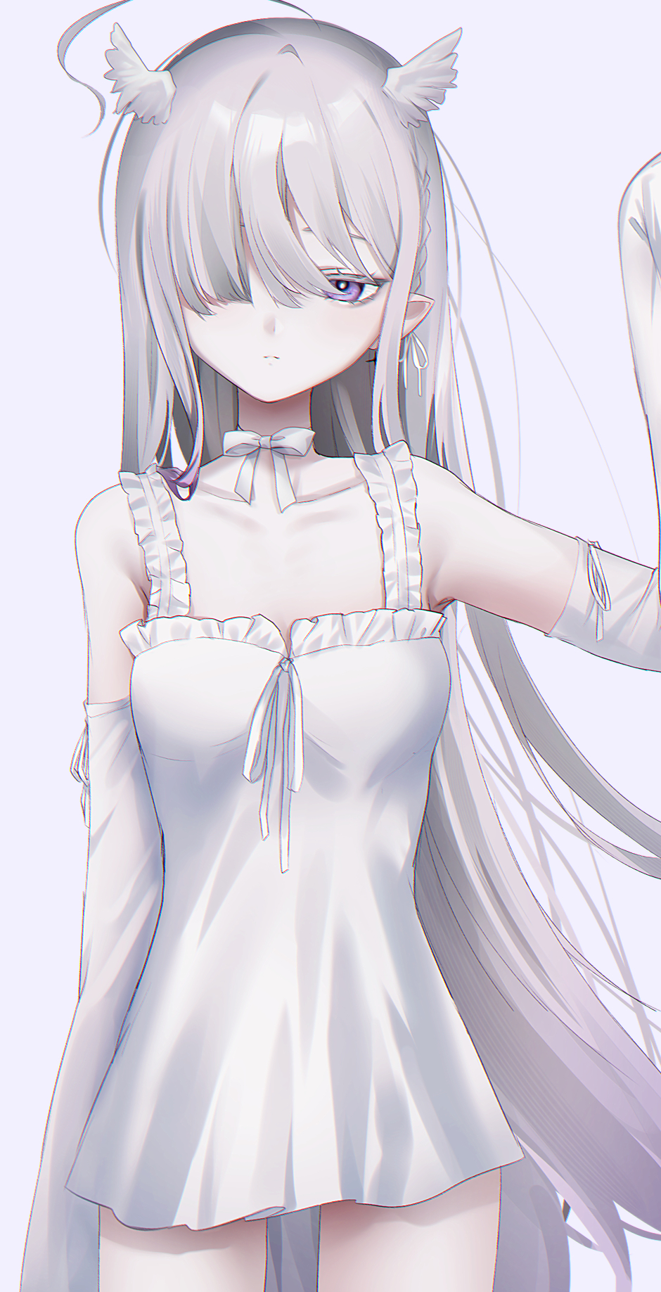1girl ahoge bare_shoulders bow braid character_request chemise collarbone copyright_request detached_sleeves expressionless head_wings highres long_hair migihidari_(puwako) pointy_ears violet_eyes white_bow white_chemise white_hair wings
