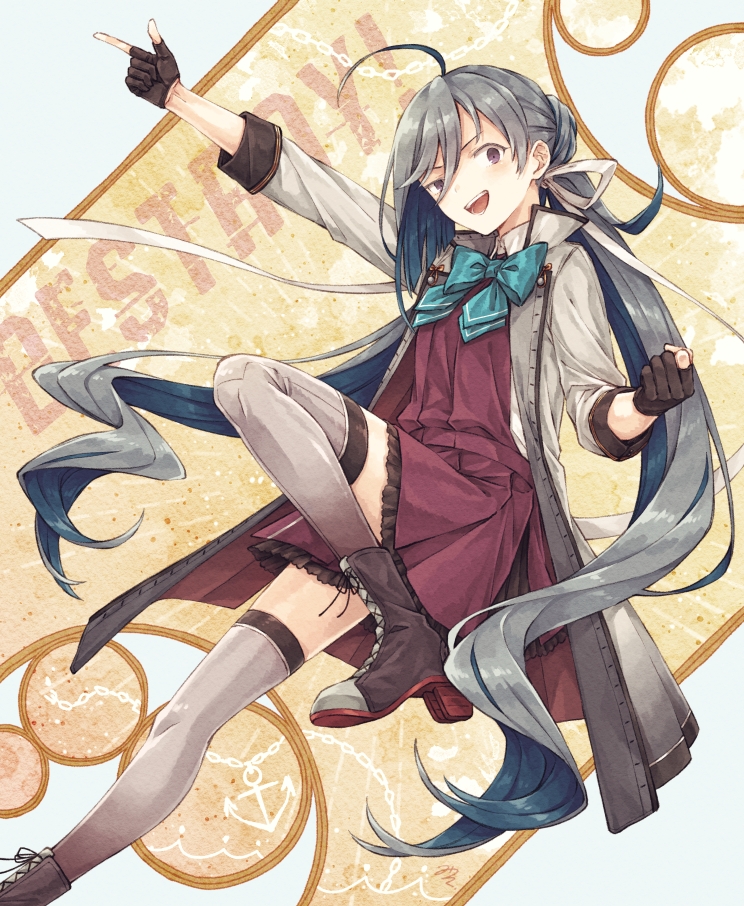 1girl black_gloves blue_hair boots bow bowtie clenched_hand coat dress gloves grey_hair grey_thighhighs hair_between_eyes hair_ribbon high_heel_boots high_heels index_finger_raised kantai_collection kiyoshimo_(kancolle) kiyoshimo_kai_ni_(kancolle) long_hair looking_at_viewer low_twintails miroku_san-ju multicolored_hair open_clothes open_coat open_mouth partially_fingerless_gloves purple_dress ribbon simple_background solo thigh-highs twintails very_long_hair violet_eyes white_ribbon