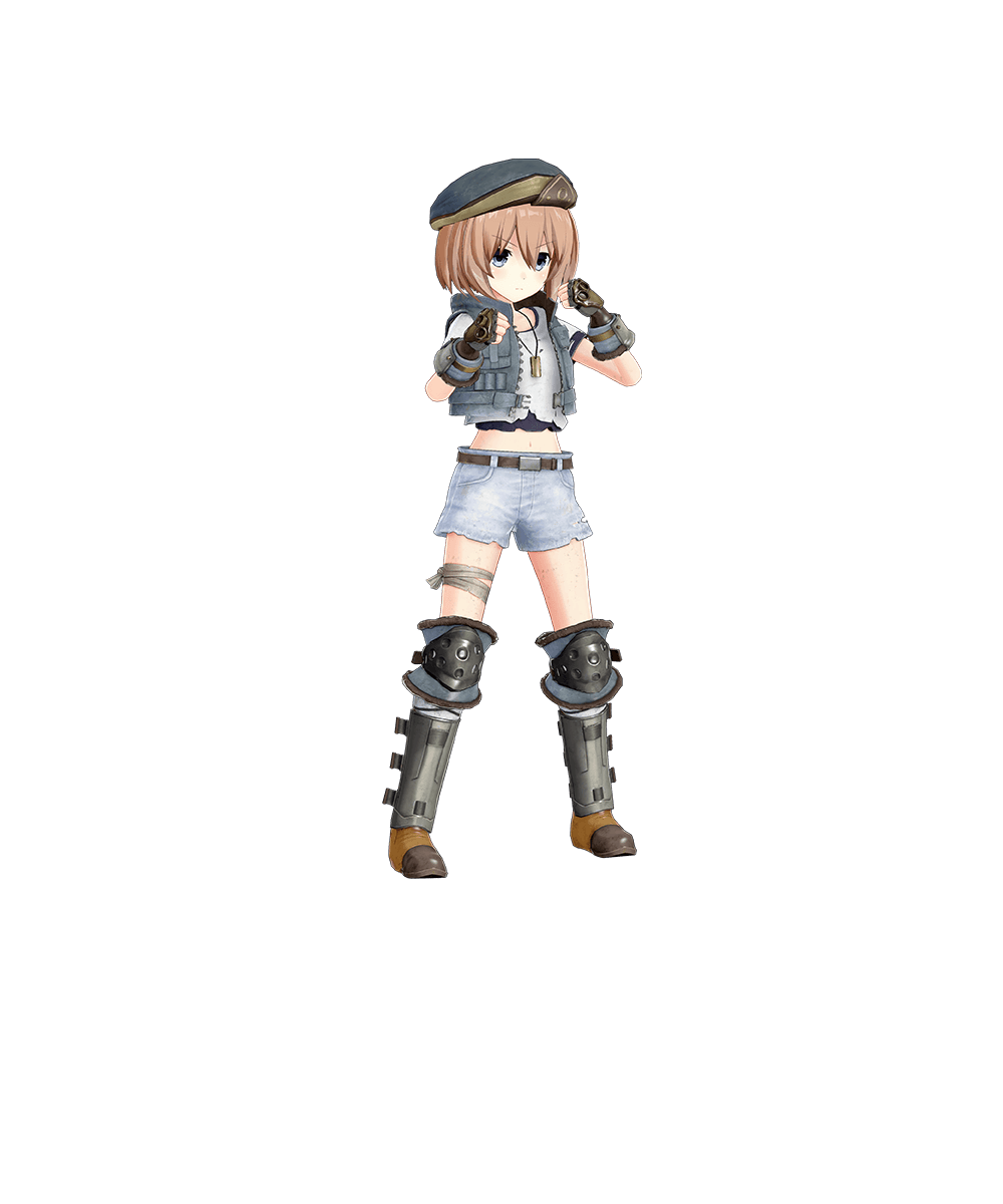 1girl armored_boots armored_gloves bandaged_leg bandages blanc_(neptunia) blue_eyes boots brown_hair clenched_hands crop_top cropped_shirt cropped_vest dog_tags fighting_stance fingerless_gloves frown full_body gloves hair_between_eyes hands_up hat highres looking_at_viewer medium_hair midriff navel neptune_(series) official_art promotional_art serious short_shorts shorts solo torn_clothes torn_shorts vest