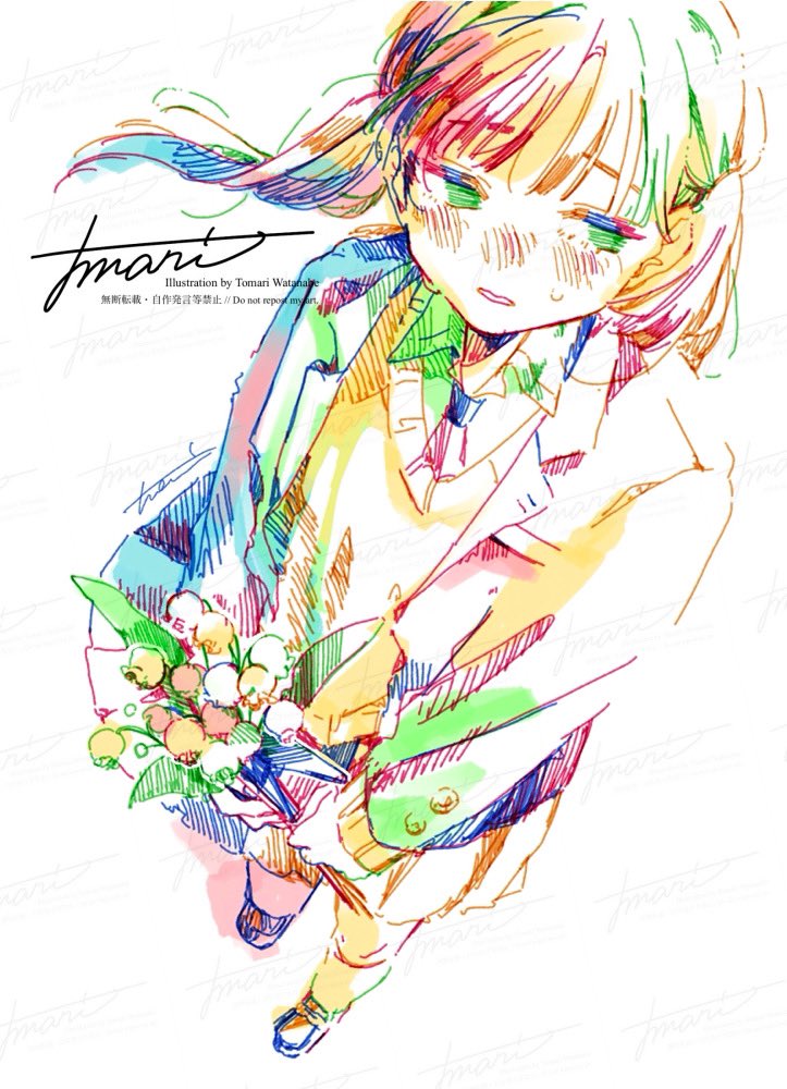 1girl averting_eyes blazer blue_hair blush bouquet collared_shirt colorful floating_hair flower foreshortening from_above green_eyes green_hair holding holding_bouquet jacket kneehighs long_hair long_sleeves looking_to_the_side low_ponytail multicolored_hair necktie nose_blush open_clothes open_jacket original parted_lips pink_flower redhead school_uniform shirt sidelocks sideways_glance signature simple_background socks solo sweatdrop sweater teeth v-neck watanabe_tomari watermark white_background white_flower white_socks wispy_bangs yellow_flower