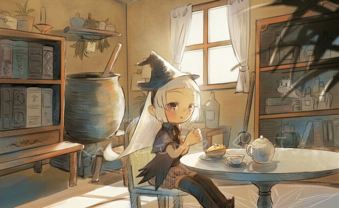 1girl artist_name black_capelet black_headwear blunt_bangs blush book bookshelf broom cake cake_slice candle candlestand capelet cauldron chair cup curtains food hairband hat indoors jar long_hair morino0903 original pantyhose plant potted_plant red_eyes saucer shelf short_sleeves sitting smile solo sunlight table teacup teapot thigh-highs twitter_username watermark white_hair window witch witch_hat