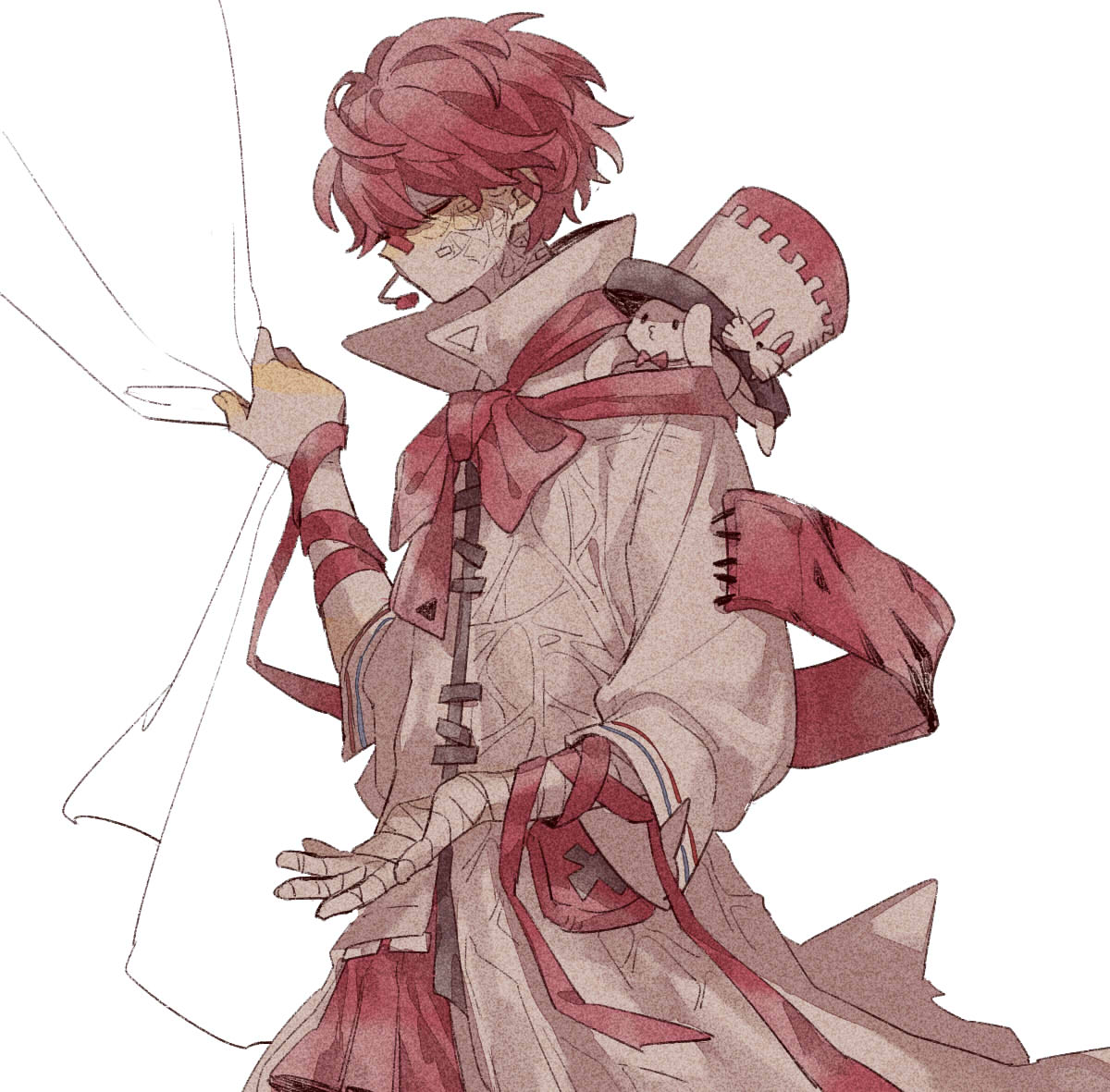 1boy akiyo_(lifetimes) animal_hat arm_ribbon asymmetrical_clothes bandaged_arm bandages closed_eyes coat collared_coat curtain_grab curtains from_side fukase hair_behind_ear hat headset neck_ribbon no_mouth point_(vocaloid) red_ribbon red_skirt redhead ribbon short_hair skirt sleeves_past_elbows solo top_hat upper_body vocaloid white_background white_coat