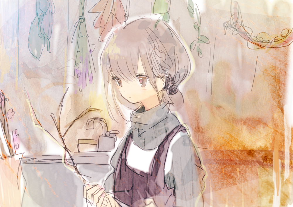 1girl apron black_apron blush braid closed_mouth expressionless faucet grey_eyes grey_hair grey_sweater holding holding_plant kazuka long_sleeves original overalls plant potted_plant scarf shirt sketch solo sweater upper_body