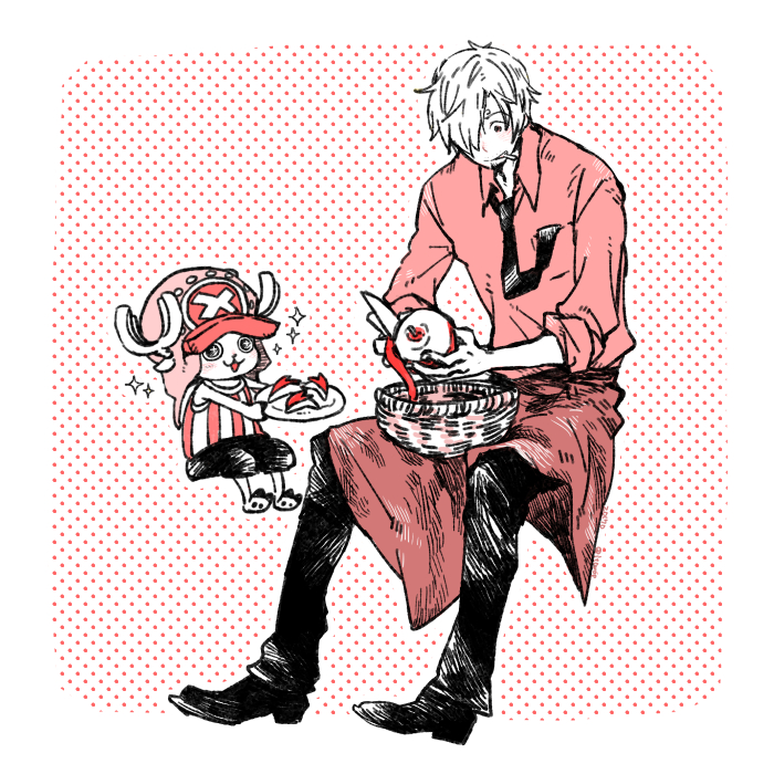 :3 antlers aple apron cigarette curly_eyebrows food fruit hat holding holding_food holding_fruit holding_knife horns invisible_chair itowo_(itowc) knife monochrome mouth_hold necktie one_piece pants peeling red_theme sanji_(one_piece) shirt short_hair sitting smile tony_tony_chopper