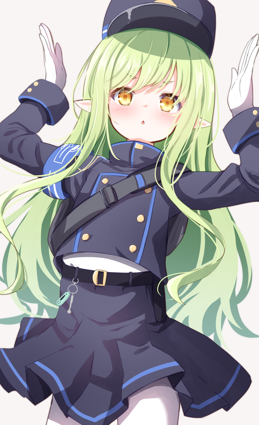 1girl :o armband arms_up baram belt black_belt black_hat black_skirt blue_archive blue_armband blush commentary_request green_hair grey_background hat highlander_sidelocks_conductor_(blue_archive) highres long_hair long_sleeves looking_at_viewer pantyhose pointy_ears sidelocks simple_background skirt solo white_pantyhose yellow_eyes