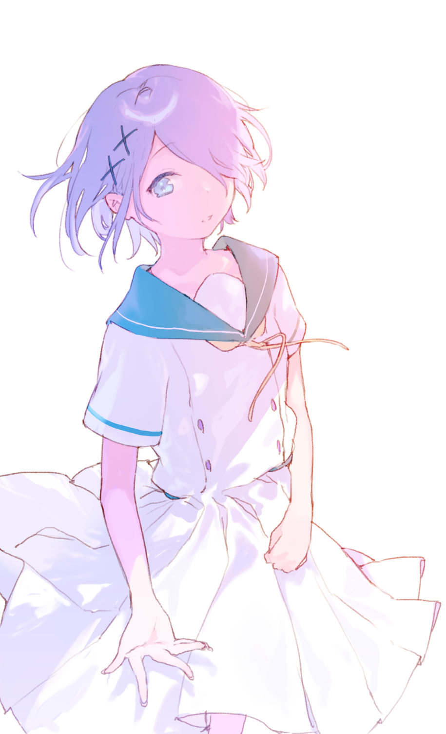 1girl blue_eyes blue_sailor_collar dress fifuth hair_ornament hair_over_one_eye highres looking_at_viewer neck_ribbon open_hand original parted_lips purple_hair ribbon sailor_collar sailor_dress school_uniform short_hair short_sleeves simple_background skirt solo standing white_background white_dress white_skirt x_hair_ornament yellow_ribbon