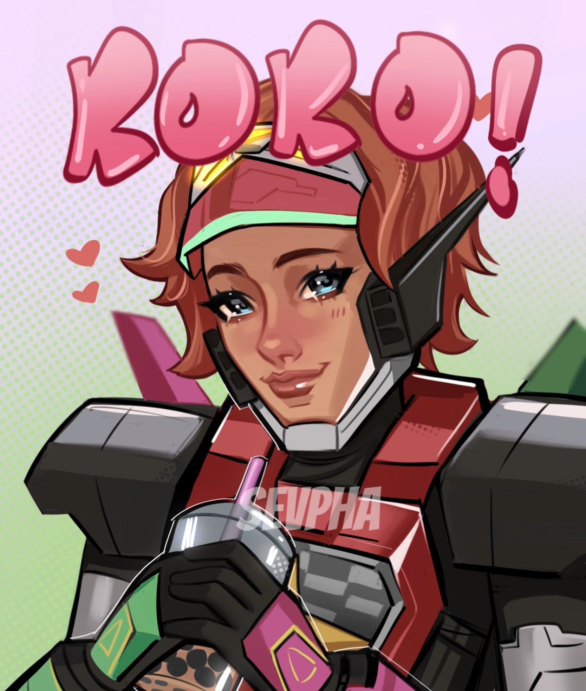 1girl animification apex_legends armor black_gloves brown_hair bubble_tea commission cup drinking_straw galactic_guardian_horizon gloves heart highres holding holding_cup horizon_(apex_legends) looking_at_viewer mask mask_on_head official_alternate_costume pink_lips power_armor sevpha short_hair smile solo
