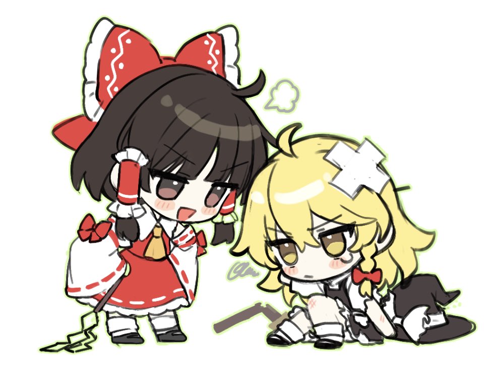 2girls :d ahoge bandaid bandaid_on_head black_headwear blonde_hair blunt_bangs blush_stickers bow braid brown_eyes brown_hair chibi chibi_only defeat detached_sleeves doyagao fighting frilled_hair_tubes frills gohei hair_between_eyes hair_bow hair_tubes hakurei_reimu hands_on_own_hips hat holding holding_gohei huge_bow jill_07km jitome kirisame_marisa knees_up long_sleeves looking_at_another multiple_girls open_mouth puff_of_air red_bow red_skirt sidelocks simple_background single_braid sitting skirt smile smug squiggle standing tears touhou unworn_headwear v-shaped_eyebrows white_background wide_sleeves witch_hat