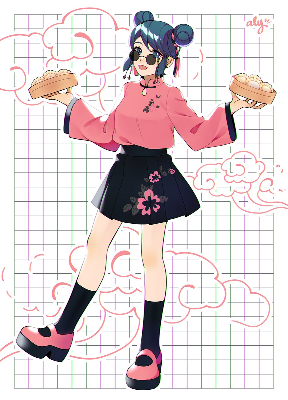 1girl black_skirt black_socks blue_eyes blue_hair chinese_clothes double_bun food full_body glasses hair_bun highres holding holding_food looking_at_viewer marinette_dupain-cheng miraculous_ladybug open_mouth pink_footwear pink_shirt remurie shirt skirt smile socks solo sunglasses