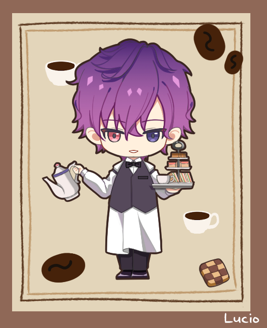 1boy apron bow bowtie checkerboard_cookie chibi coffee_beans commentary cookie cup food full_body gradient_hair heterochromia holding holding_teapot holding_tray long_sleeves looking_at_viewer lucio_(lucioooo38) multicolored_hair nijisanji nijisanji_en pants pink_eyes purple_hair short_hair smile solo teacup teapot tiered_tray traditional_bowtie tray uki_violeta vest violet_eyes virtual_youtuber waiter