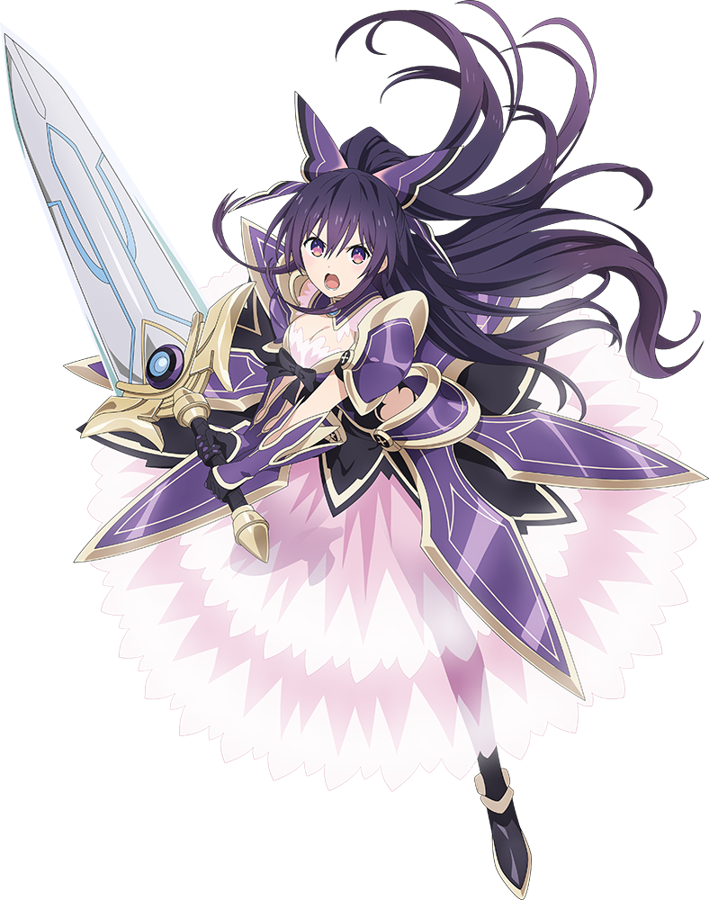 1girl armor armored_dress breasts date_a_live dress full_body long_hair medium_breasts official_art open_mouth purple_dress purple_hair shoulder_armor solo sword tachi-e transparent_background violet_eyes weapon yatogami_tooka