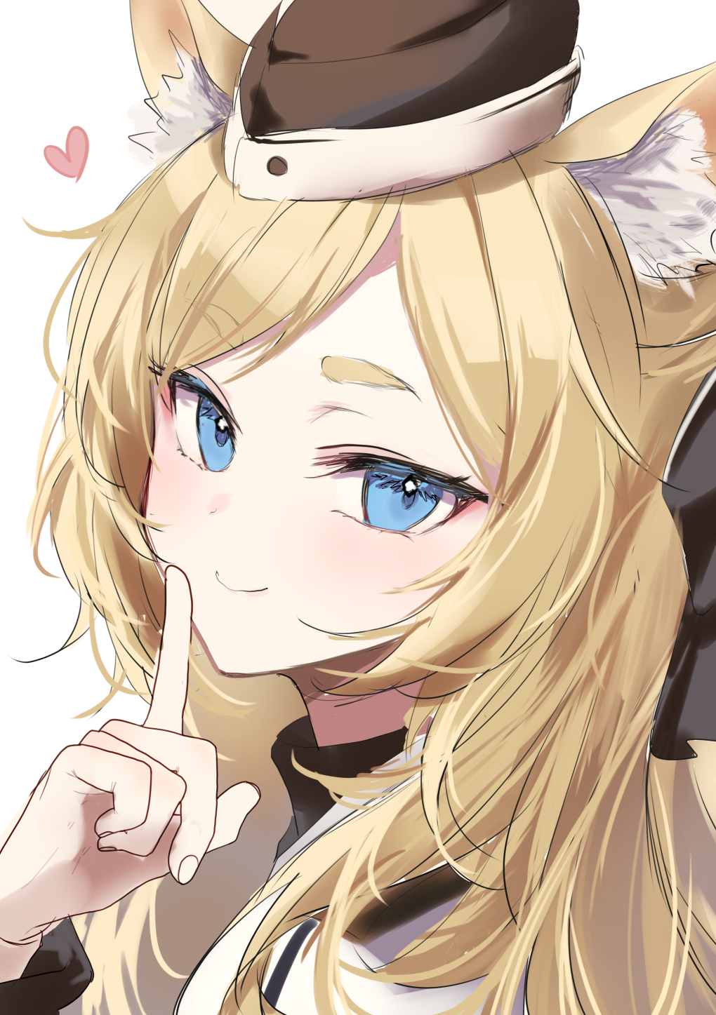 1girl animal_ear_fluff animal_ears arknights black_hat blonde_hair blue_eyes blush commentary finger_to_cheek heart highres index_finger_raised looking_at_viewer one-hour_drawing_challenge raramente shirt simple_background sketch smile solo thick_eyebrows upper_body whislash_(arknights) white_background white_shirt