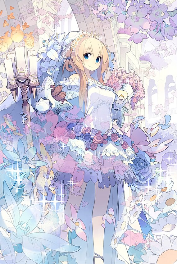 1girl arch artist_request bare_shoulders blonde_hair blue_eyes bracer bridal_veil bride candle chain_chronicle character_request closed_mouth dress dress_flower eyelashes feet_out_of_frame fire flower frilled_dress frilled_skirt frills gauntlets hair_rings hat hat_flower holding holding_staff lace-trimmed_veil lace_trim lily_(flower) looking_at_viewer off-shoulder_dress off_shoulder official_art orange_flower outdoors purple_flower short_dress short_hair_with_long_locks short_sleeves skirt smile solo sparkle staff third-party_source veil white_dress white_flower white_footwear white_sleeves white_veil