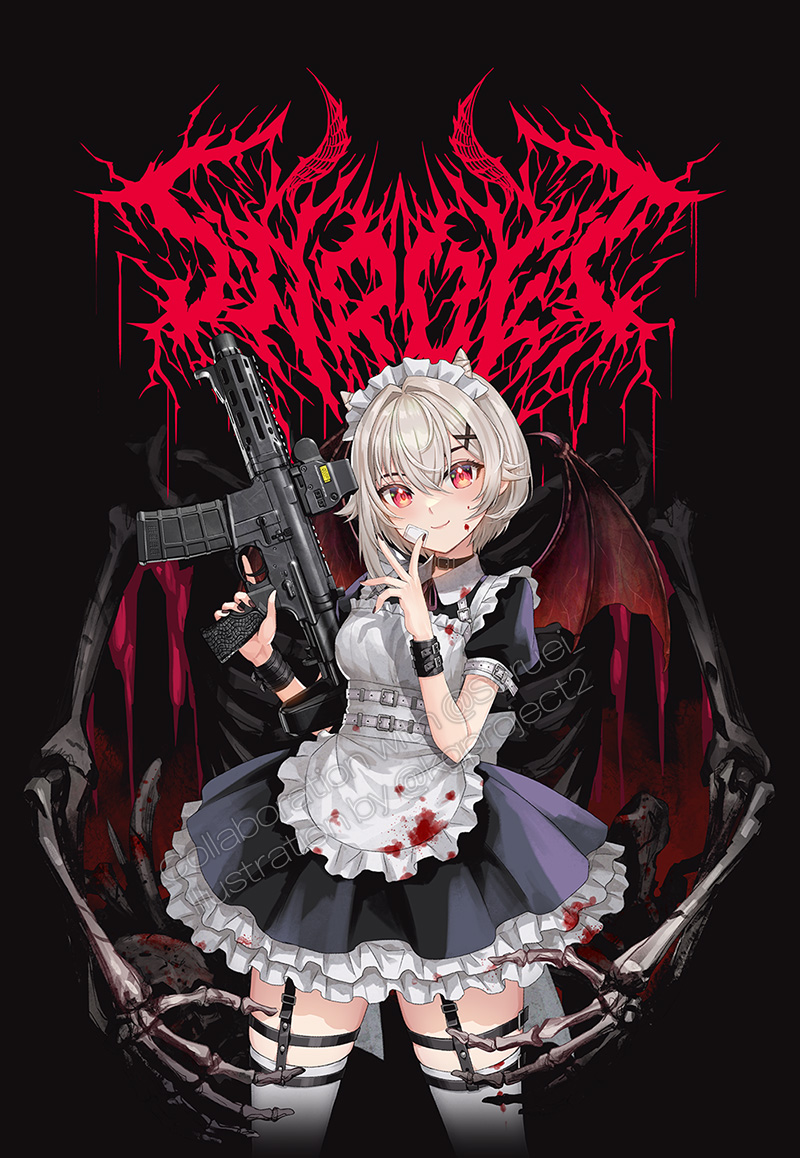 1girl apron ar-15 bandage_on_face bandages black_background black_nails blood blood_on_clothes blue_dress dress eotech gun kws looking_at_viewer maid maid_apron optical_sight original red_eyes rifle sample_watermark short_hair skeletal_arm skeleton smile solo thigh-highs watermark weapon white_apron white_hair white_thighhighs