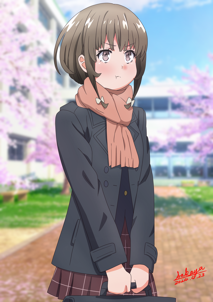 1girl :t azusagawa_kaede black_jacket blue_sky blurry blurry_background blush bow briefcase brown_eyes brown_hair brown_scarf brown_skirt building closed_mouth clouds commentary_request dated day depth_of_field fringe_trim hair_bow holding jacket long_sleeves outdoors pleated_skirt pout red_bow sakayaya scarf school_briefcase seishun_buta_yarou signature skirt sky solo tree v-shaped_eyebrows
