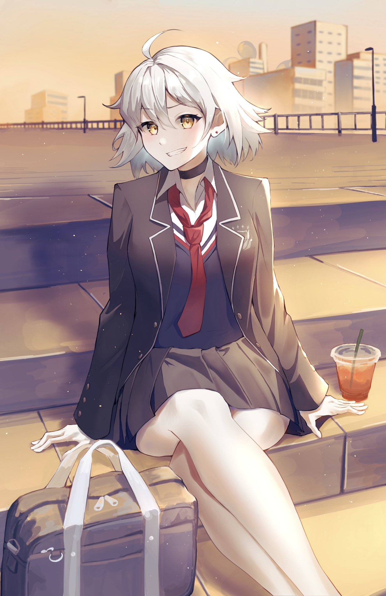 1girl ahoge breasts briefcase drink fate/grand_order fate_(series) hair_between_eyes highres jeanne_d'arc_alter_(fate) looking_at_viewer necktie official_alternate_costume papukin school_briefcase school_uniform short_hair skirt smile solo white_hair yellow_eyes