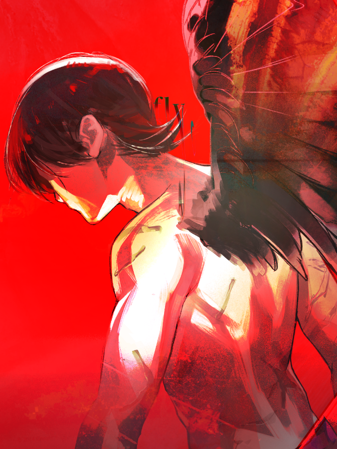 1boy ammenite back_turned black_hair black_wings choujin_x english_text feathered_wings kurohara_tokio_(choujin_x) male_focus muscular red_background scar scar_on_back simple_background solo solo_focus topless topless_male wings