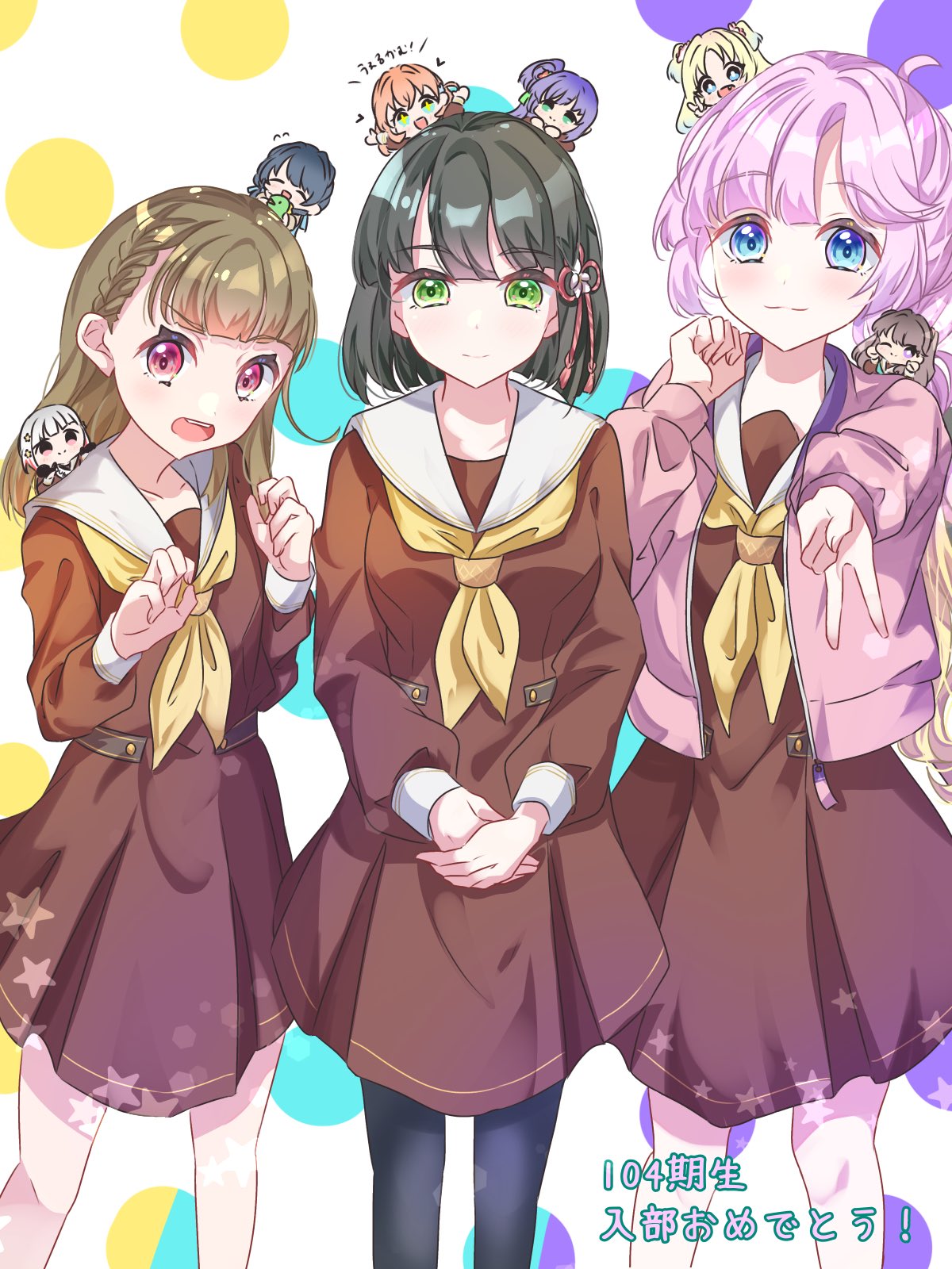 +_+ 6+girls :3 :d anyoji_hime aqua_eyes black_gloves black_hair black_pantyhose blonde_hair blue_eyes blue_hair blue_ribbon blunt_bangs blunt_ends braid bright_pupils brown_dress brown_hair center-flap_bangs check_commentary chibi claw_pose clenched_hand closed_mouth collarbone commentary_request crossed_bangs dark_blue_hair diagonal_bangs dotted_background dress flower flying_sweatdrops fujishima_megumi gloves gradient_hair green_eyes grey_hair gyaru_v hair_flower hair_ornament hair_ribbon half_gloves hands_up hasu_no_sora_school_uniform heart highres hinoshita_kaho jacket kachimachi_kosuzu light_blue_hair light_smile link!_like!_love_live! long_hair long_sleeves looking_at_viewer love_live! low_twintails medium_dress medium_hair mini_person minigirl momose_ginko multi-tied_hair multicolored_hair multiple_girls murano_sayaka neckerchief on_head open_clothes open_jacket open_mouth orange_hair osawa_rurino otomune_kozue outstretched_arms pantyhose parted_bangs person_on_back person_on_head pink_eyes pink_hair pink_jacket pleated_dress ponytail purple_hair rabbit_hair_ornament red_flower redhead ribbon sailor_collar sailor_dress sakari_(pear_8_ll) school_uniform short_hair side_braids side_ponytail sidelocks smile star_(symbol) star_hair_ornament straight_hair streaked_hair teeth twintails two_side_up upper_teeth_only v v_arms very_long_hair violet_eyes virtual_youtuber white_background white_pupils white_sailor_collar winter_uniform yellow_neckerchief yugiri_tsuzuri