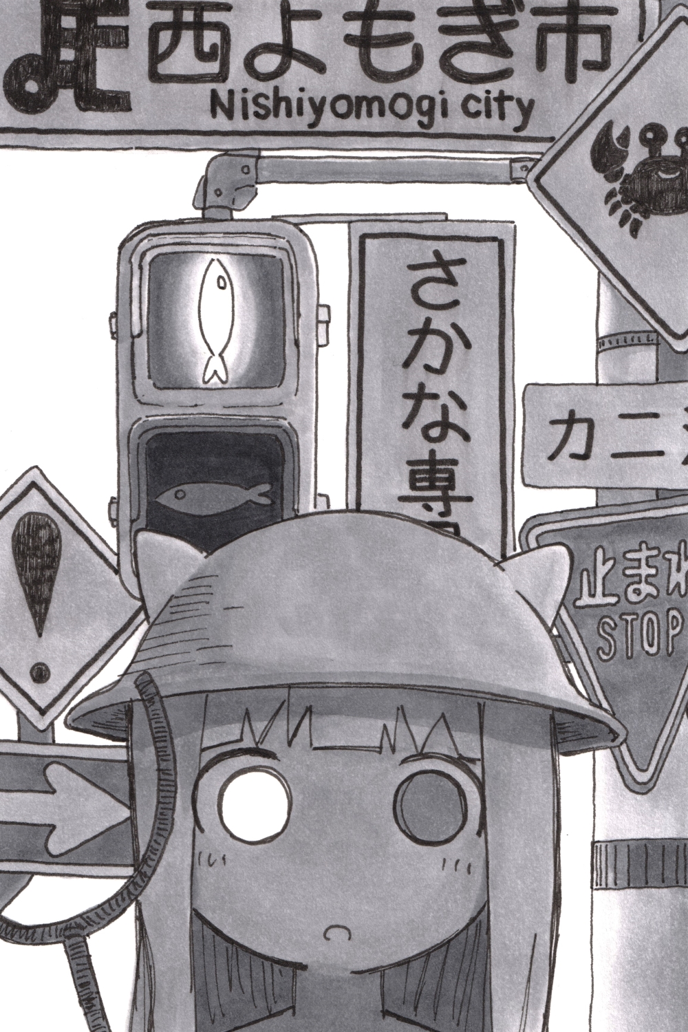 ! 1girl :o animal_ear_headwear arrow_(symbol) crab fish hat hatching_(texture) helmet heterochromia highres long_hair monochrome nimi_117 open_mouth road_sign shimeji_simulation sign simple_background solo stop_sign the_gardener_(shimeji_simulation) traffic_light white_background