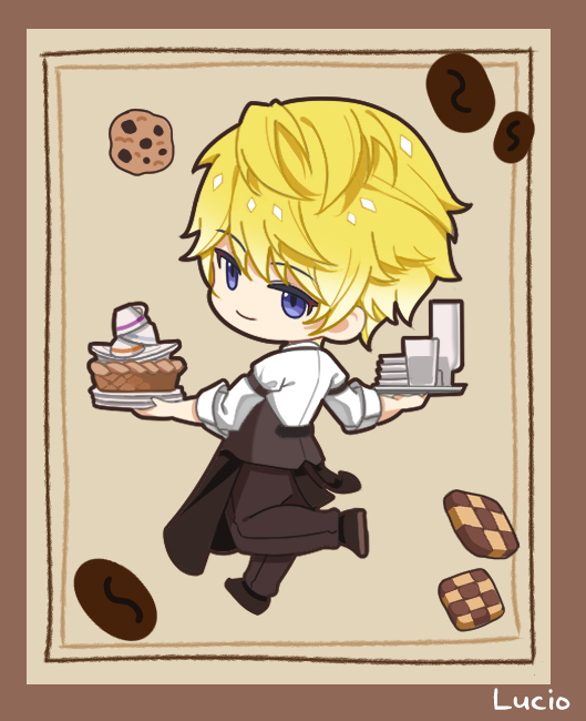 1boy blonde_hair checkerboard_cookie chibi coffee_beans commentary cookie cup dishes food from_behind full_body holding holding_plate looking_at_viewer looking_back lucio_(lucioooo38) male_focus nijisanji nijisanji_en pants plate short_hair sleeves_rolled_up smile solo sonny_brisko teacup violet_eyes virtual_youtuber waiter