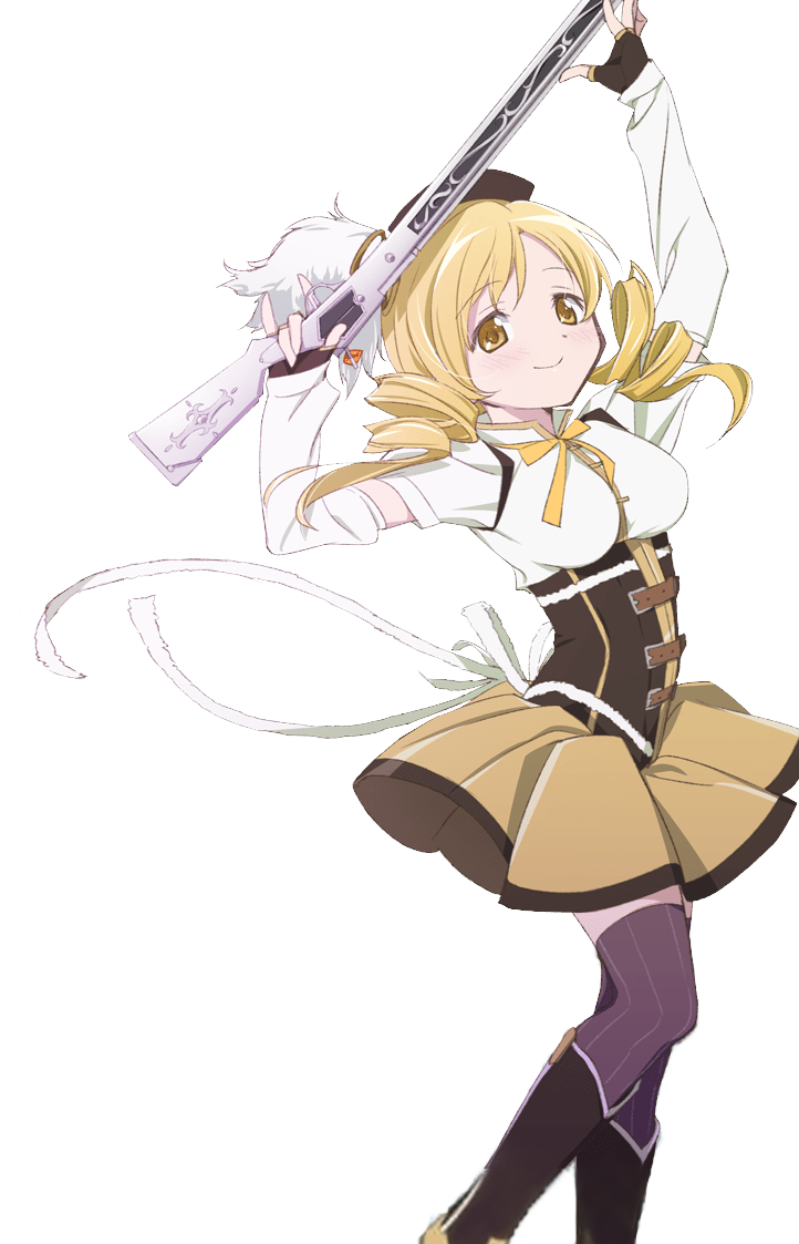 beret corset drill_hair gun hat magical_girl magical_musket mahou_shoujo_madoka_magica striped_clothes striped_thighhighs thigh-highs tomoe_mami twin_drills vertical-striped_clothes vertical-striped_thighhighs weapon