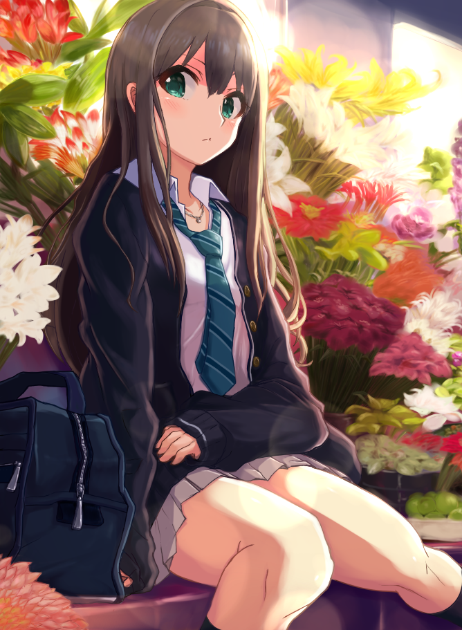 1girl bag black_cardigan blush breasts brown_hair cardigan closed_mouth flower flower_shop green_eyes green_flower green_necktie grey_skirt idolmaster idolmaster_cinderella_girls idolmaster_cinderella_girls_starlight_stage indoors jewelry knees_together_feet_apart lens_flare long_hair long_sleeves looking_at_viewer medium_breasts miniskirt necklace necktie pink_flower pleated_skirt purple_flower red_flower school_bag school_uniform shibuya_rin shirt shop sitting skirt sleeves_past_wrists solo striped_necktie toho_(kihon_ha_yappa) white_flower white_shirt window yellow_flower