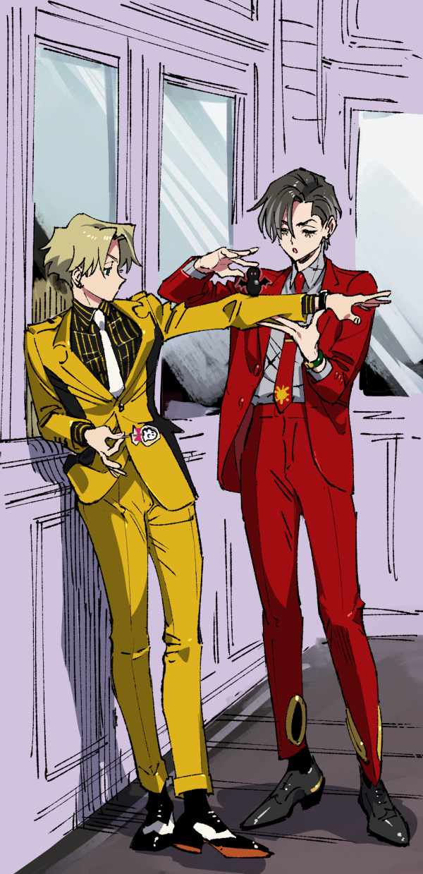 2boys against_wall arm_rest black_footwear black_shirt blonde_hair chris_redgrave collared_shirt ear_piercing finn_oldman full_body green_eyes grey_hair grey_shirt hand_on_another's_arm high_card highres holding jacket looking_at_object male_focus mojisan_(ebimo) multiple_boys necktie object_on_arm open_clothes open_jacket pants parted_bangs parted_lips piercing reaching red_suit shirt short_hair standing striped_clothes suit window yellow_suit