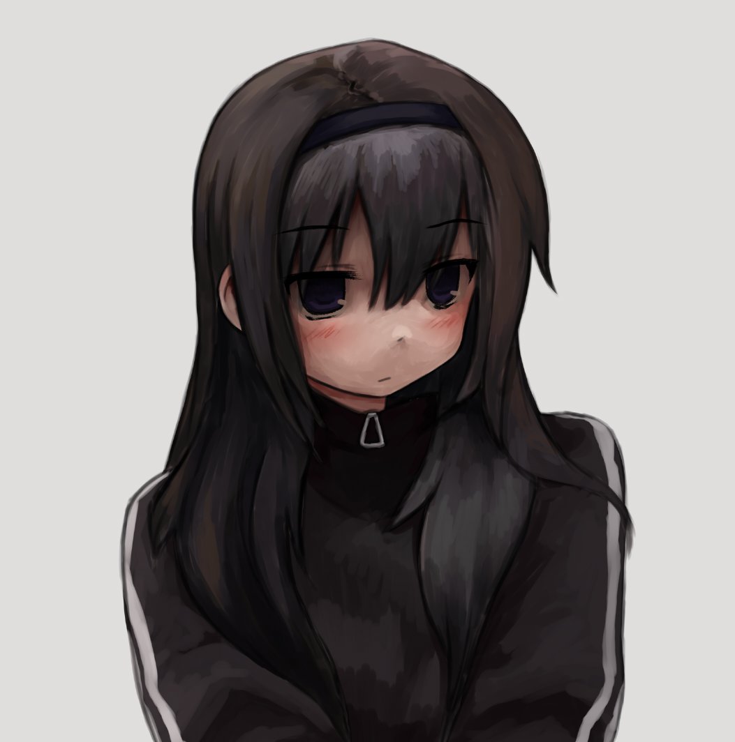 1girl akemi_homura black_eyes black_hair black_hairband black_jacket blush close-up closed_mouth commentary double_vertical_stripe english_commentary expressionless hair_between_eyes hairband jacket long_hair looking_at_viewer mahou_shoujo_madoka_magica portrait simple_background solo track_jacket upper_body white_background zipper_pull_tab zoolpal